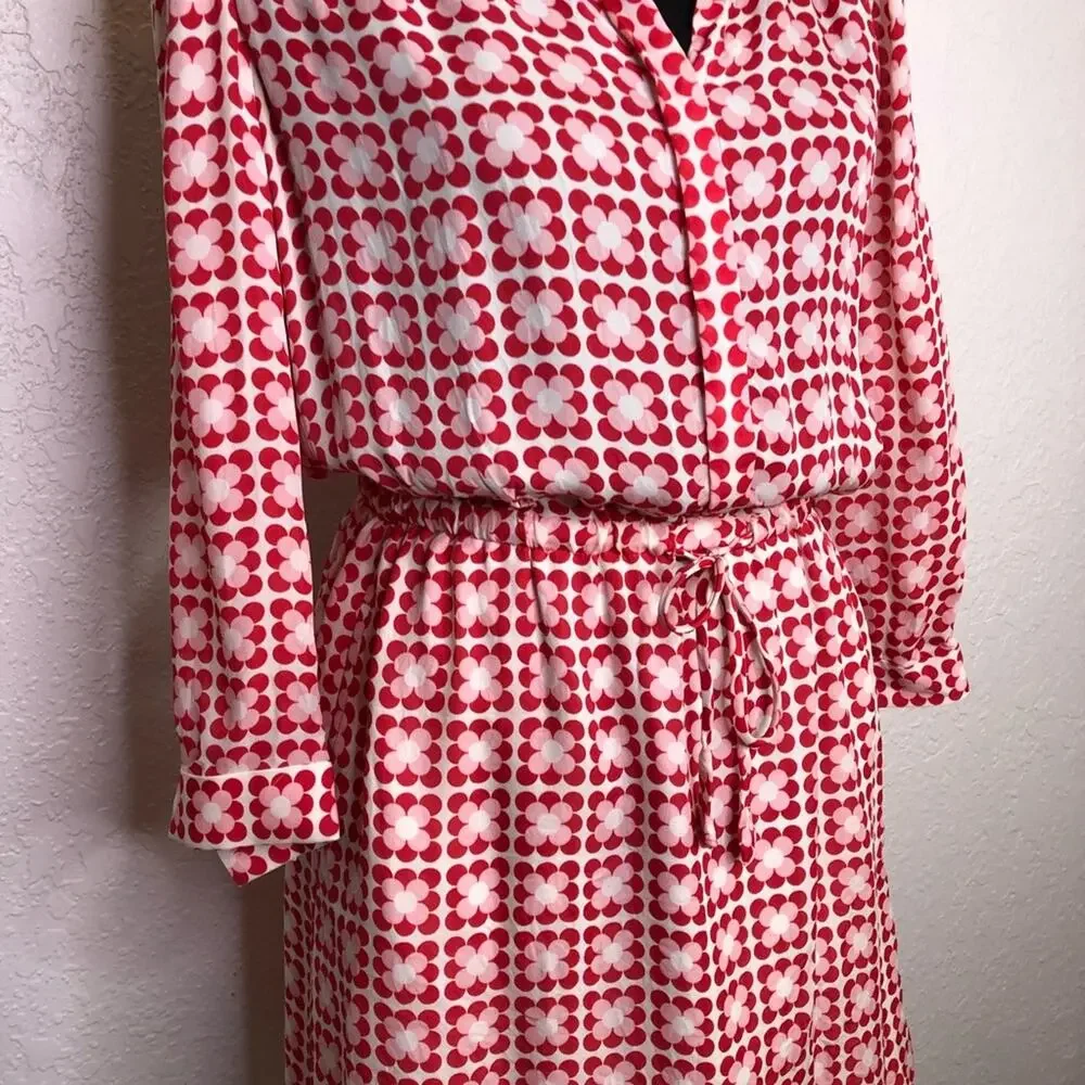 Boden red white pink floral silk drawstring waist shirt dress size 4R